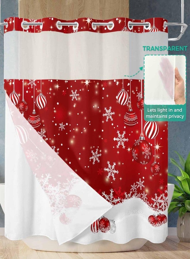 LooPoP No Hook Shower Curtain with Snap in Liner Set Christmas Tree Shower Curtains for Bathroom Waterproof Fabric Red Christmas Balls Bath Curtain with See Through Mesh Top Window for Hotel Spa 72x72 Inch - Image 3